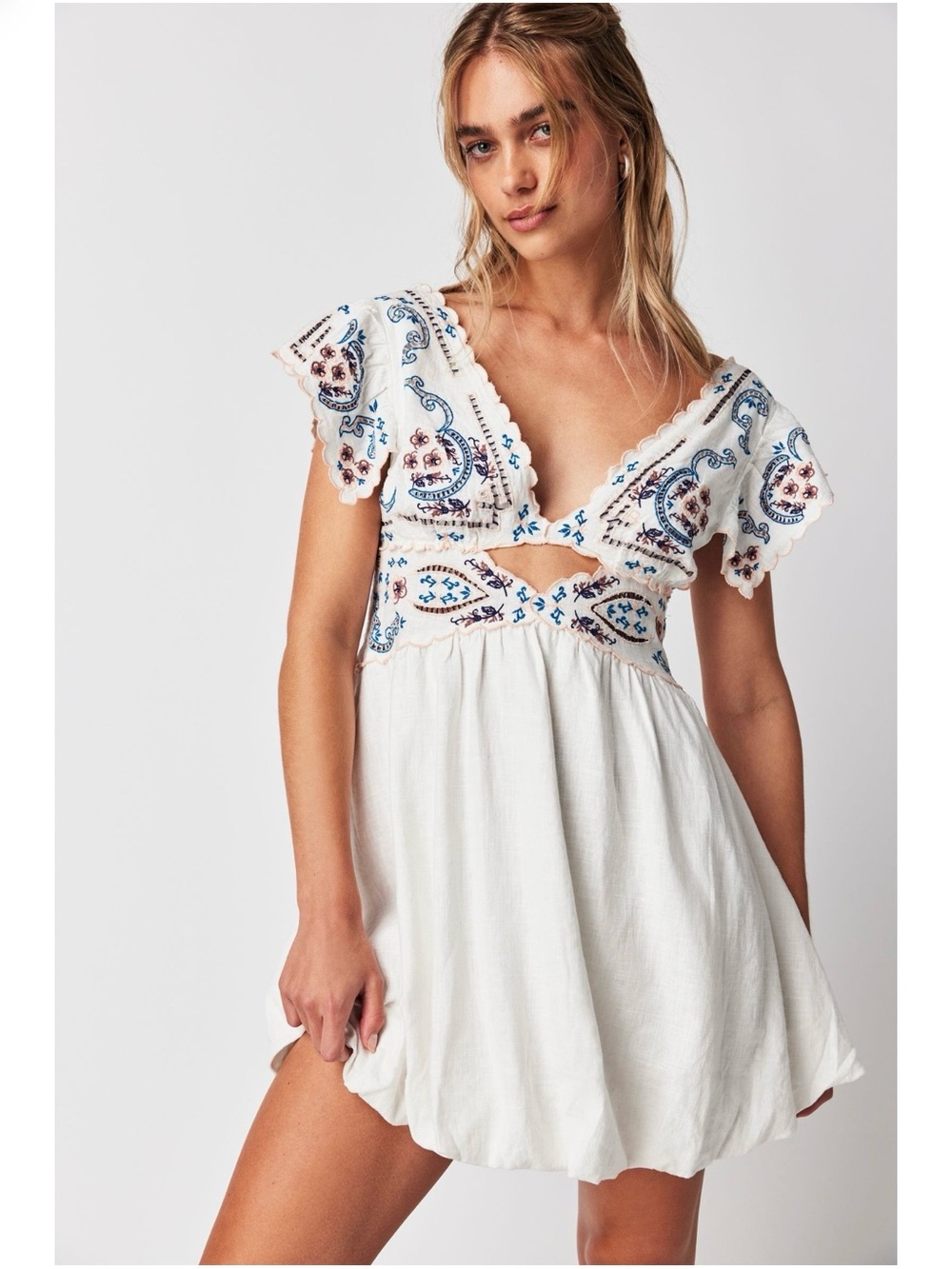 Free People Rambling Roads Embroidered Cutout Mini Dress Size Large NWT